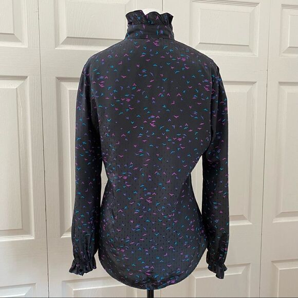 Vintage Langtry Black Ruffled High Neck Button Down Blouse - Picture 9 of 12